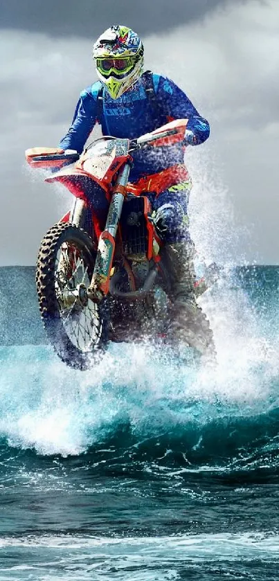 Biker performing stunt on ocean waves with a dramatic background.