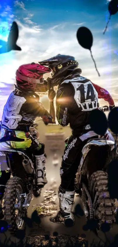 Motocross riders under a vibrant sunset sky, sharing an exciting adventure.