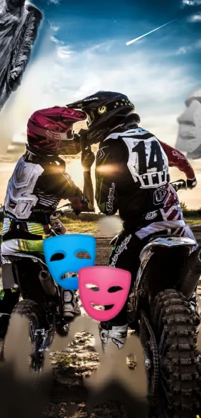 Motocross riders with masks at sunset, dramatic sky background.