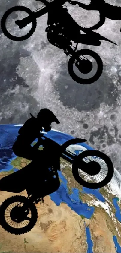 Silhouetted motocross riders leap over planet Earth with a moon backdrop.