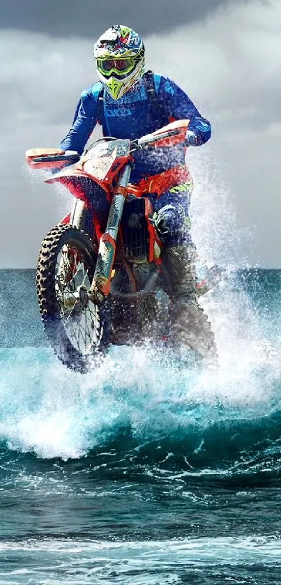 Motocross bike riding over ocean waves with dramatic sky.