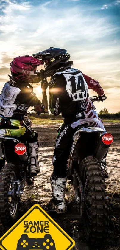 Motocross riders under the sky with a gamer zone sign.