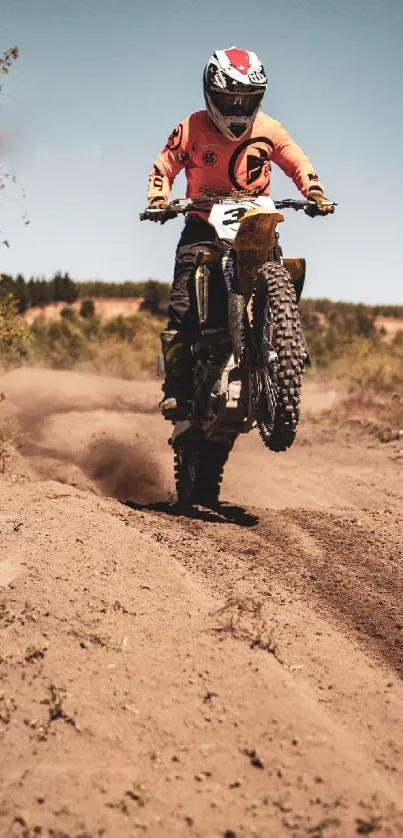 Motocross rider performing a wheelie on rugged offroad terrain.