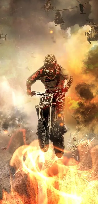 Motocross biker with flames and helicopters in action scene wallpaper.