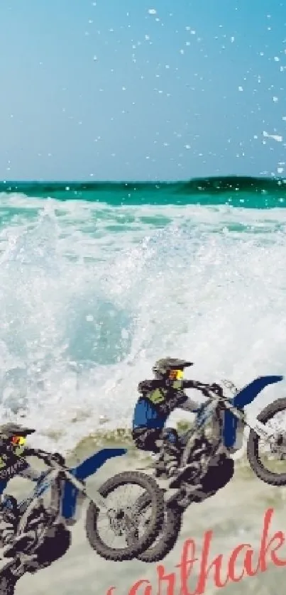 Dirt bikers ride on the beach with ocean waves as a backdrop.