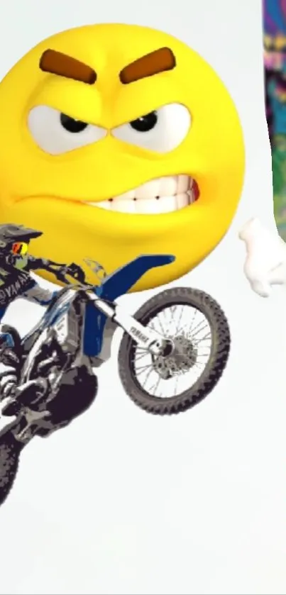 Motocross bike and emoticon in vibrant wallpaper design.