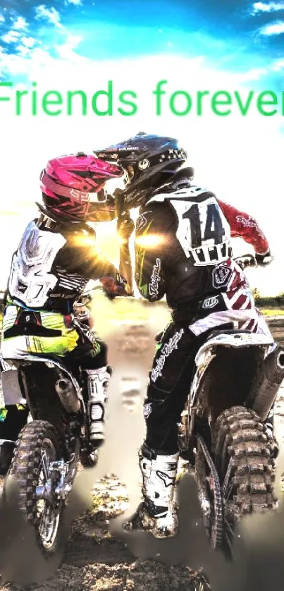 Two motocross riders at sunset with 'Friends forever' text.