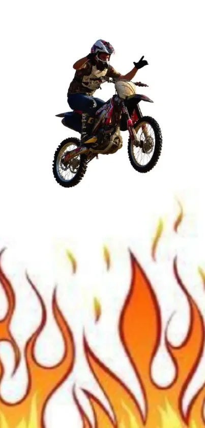 Motocross rider jumping over flames on a white background.