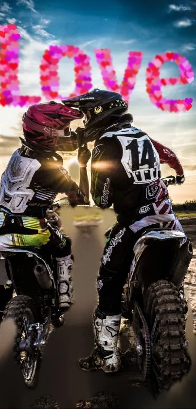 Romantic motocross couple with sunset.