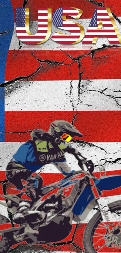 Motocross rider on cracked American flag wallpaper.