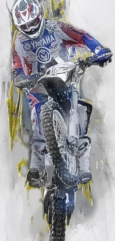 Motocross rider performing on a dirt bike with dynamic artistic elements.