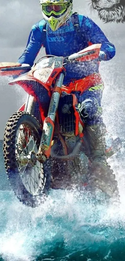 Motocross rider splashing through the water, vibrant and dynamic action.