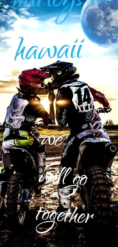 Two motocross riders at sunset under a moonlit sky.