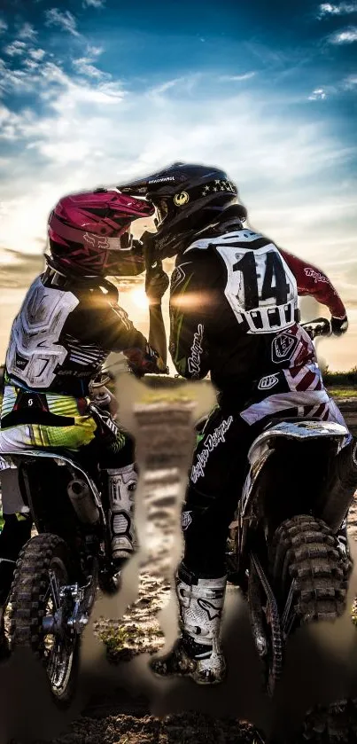 Motocross riders at sunset on dirt tracks.