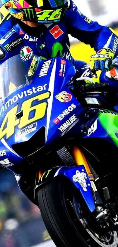 Exciting MotoGP race featuring vibrant blue motorcycle.