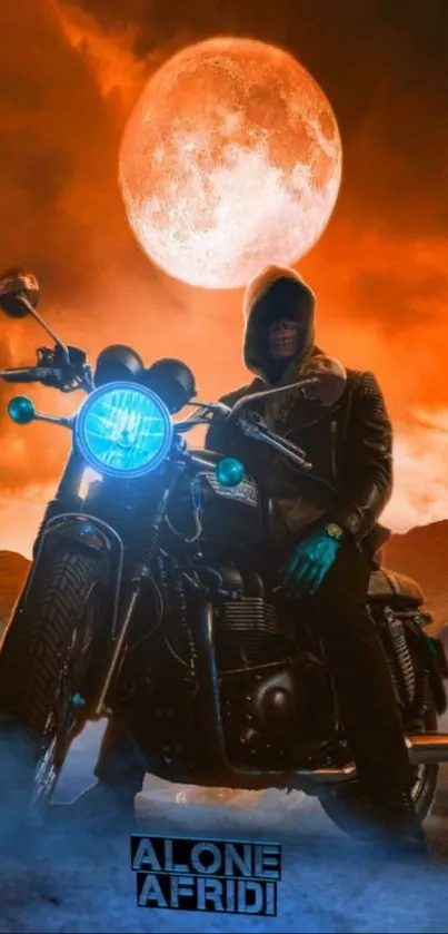 Motorbike with rider and full moon in fiery orange sky.