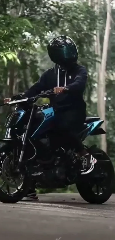 Motorbike rider in forest setting with lush greenery.