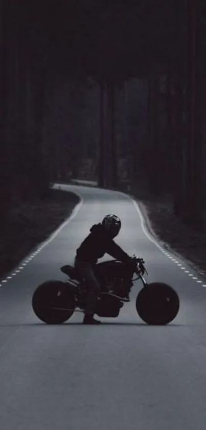 Silhouette of a motorbike rider on a dark forest road.