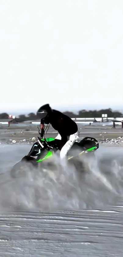 Rider on a motorbike navigating desert dunes with dynamic sand trails.