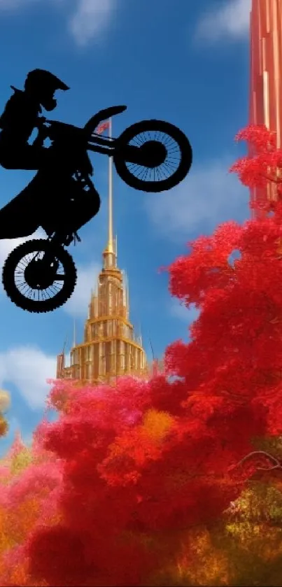 Motorbike silhouette flying over colorful scenery in vibrant, dynamic wallpaper.