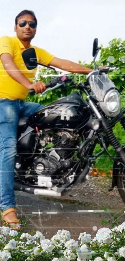 Biker on motorcycle with greenery and flowers.