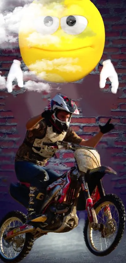 Biker rides a motorbike with a sun emoji above on brick background.