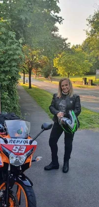 Motorbike on a scenic green road with vibrant trees and sunlight.