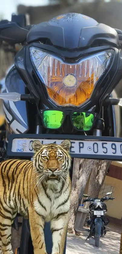 Motorbike with tiger overlay mobile wallpaper.