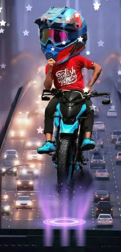 Motorbike appearing from phone displaying city traffic.