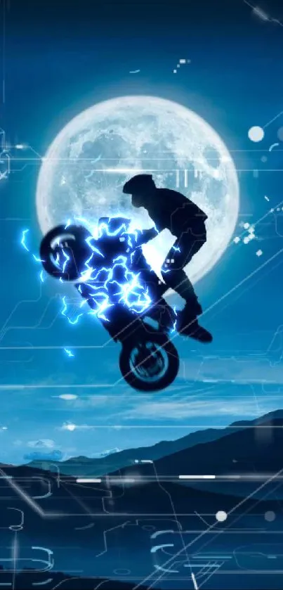 Motorbike jumps silhouetted against a glowing full moon in a blue night sky.