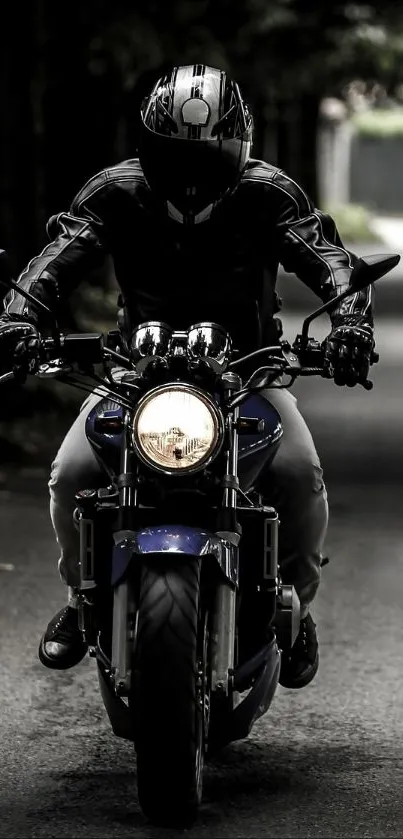 A motorbike rider on a shaded road, surrounded by trees and shadows.