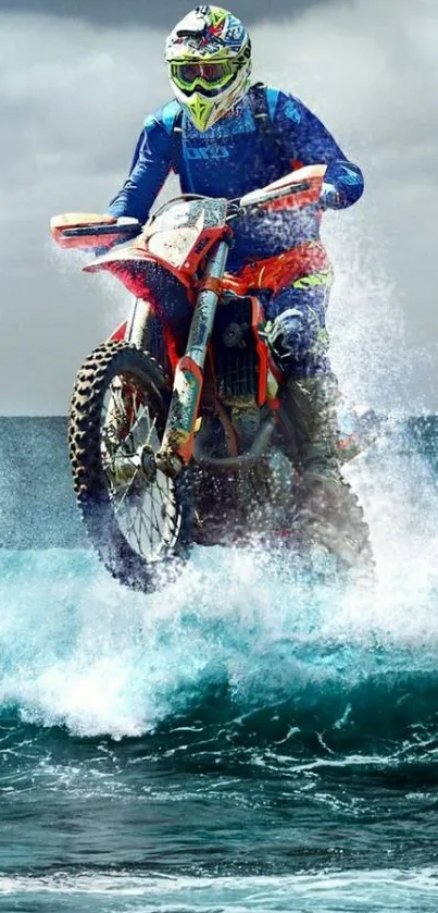 Motorbike splashing through ocean waves in dynamic wallpaper.