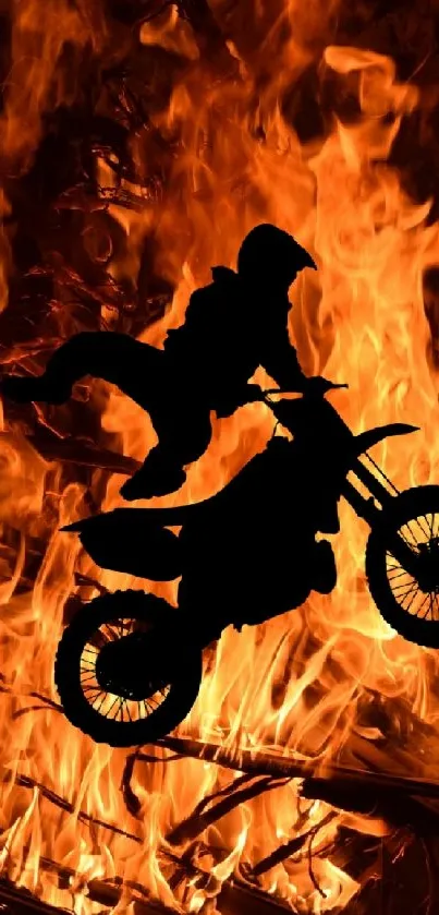 Motorbike performing daring stunt in roaring flames.