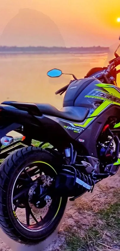 Motorbike on beach at sunset with vibrant colors.