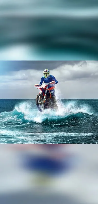 Motorbike performs stunt on ocean waves in dynamic blue scenery.