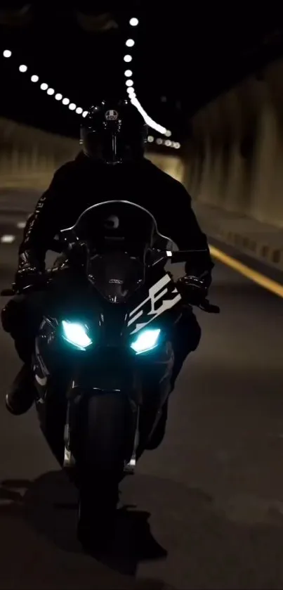 Motorcycle with glowing lights in a dark tunnel, perfect for adventure lovers.