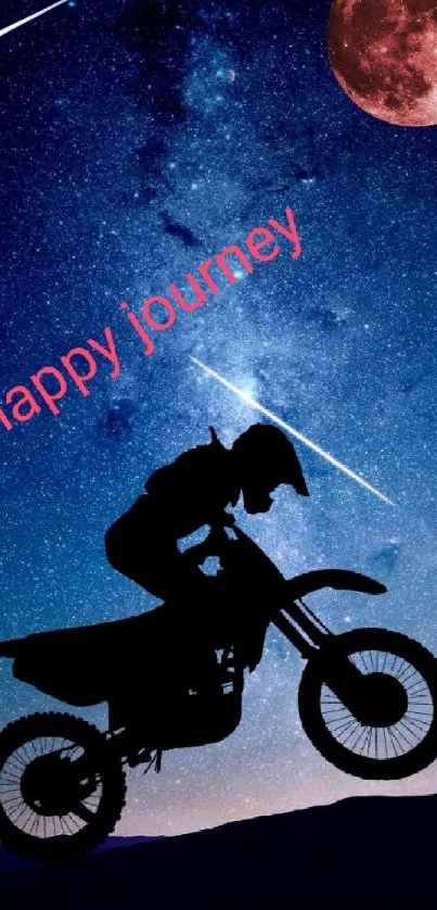 Motorbike silhouette jumping under a starry night sky with a red moon.