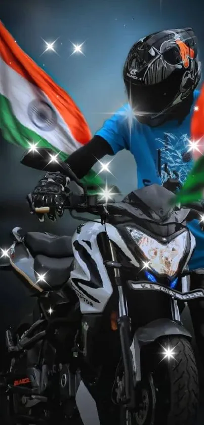 Motorbike rider with Indian flags on a dark background.