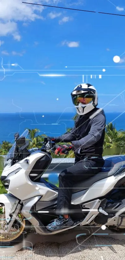 Motorcycle rider by the sea with vibrant blue sky and scenic backdrop.