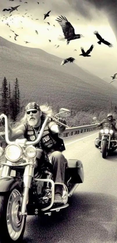 Black and white motorcycle road trip with ravens in mountain scenery.