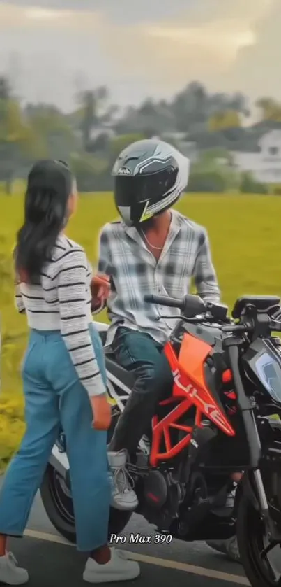 A stylish rider on a motorcycle by a scenic road.