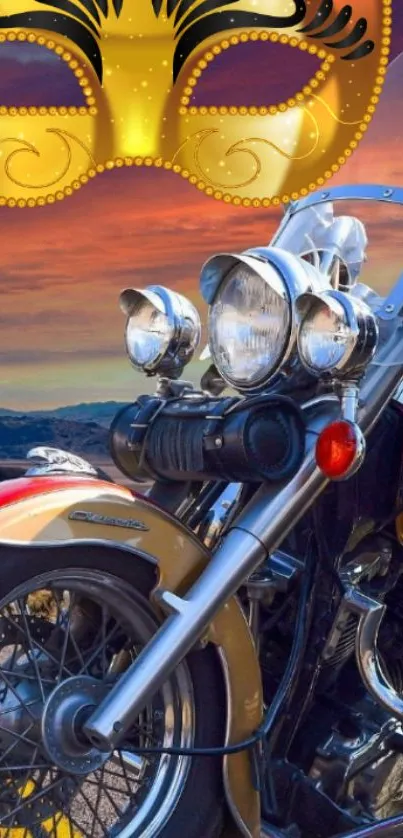 Vibrant motorcycle with golden mask against sunset backdrop.