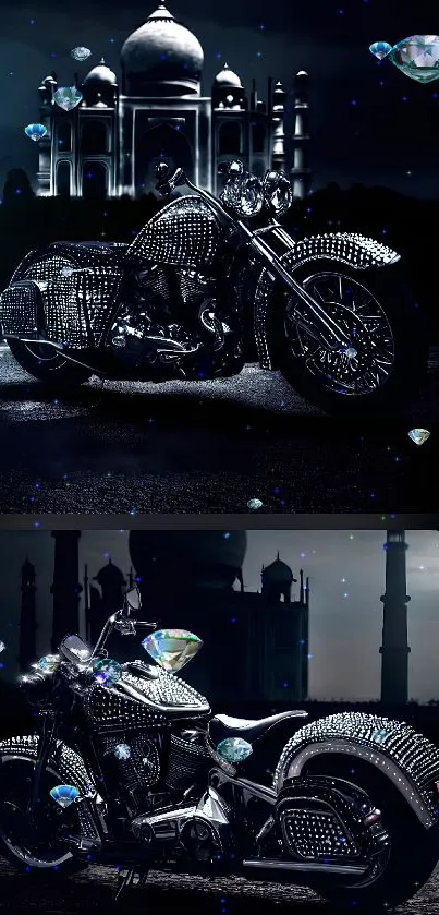 Motorcycle with Taj Mahal background at night.