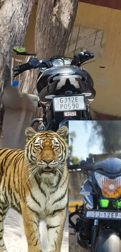 A motorcycle and tiger in a vivid wallpaper design.