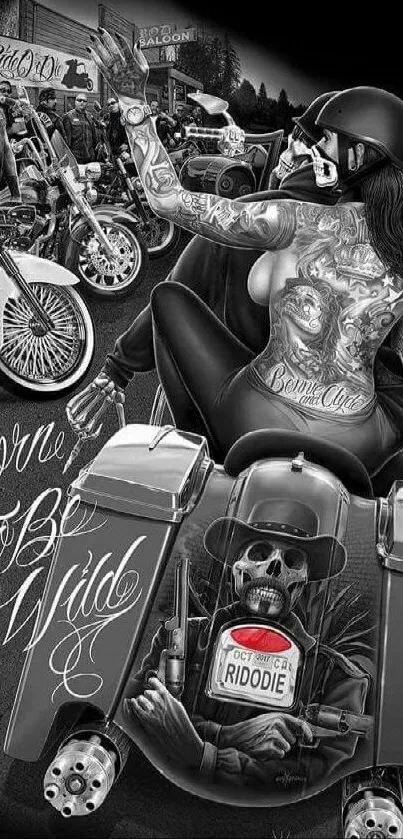 Artistic motorcycle biker wallpaper with tattoos and skull motif.