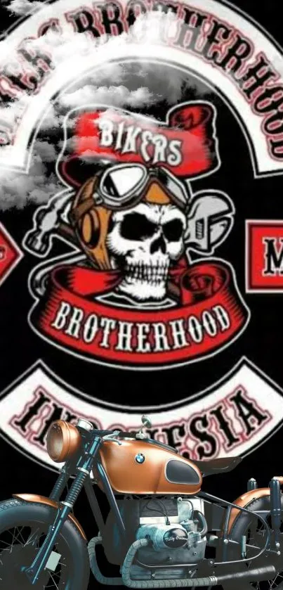 Motorcycle and skull brotherhood emblem on black background.