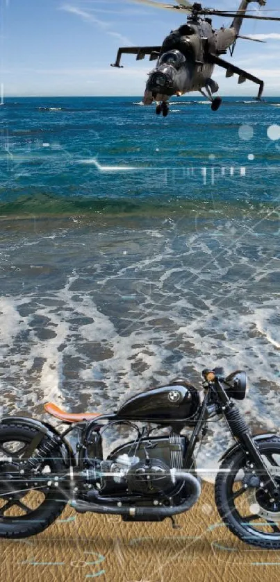 Motorcycle on beach with helicopter flying over ocean waves.