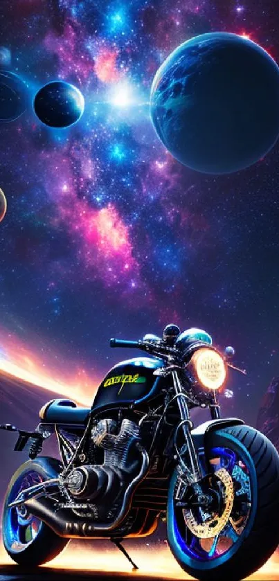 Motorcycle with cosmic planets and galaxy background wallpaper.