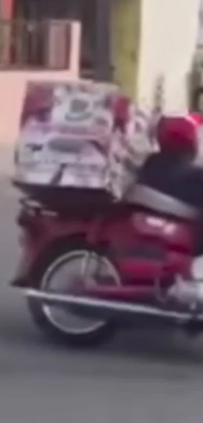 Motorcycle delivery in vibrant red urban background.