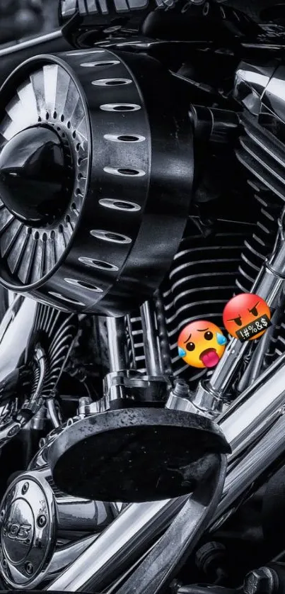 Black and white motorcycle engine wallpaper with chrome details and emojis